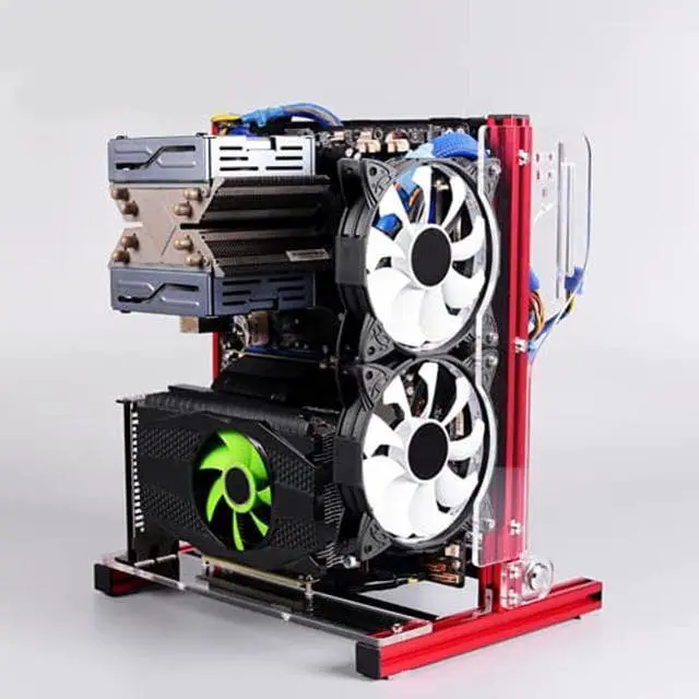 Alt view image 2 of 5 - ATX/M-ATX/ITX DIY Chassis Bracket Open Chassis Mining Rig Frame ITX Case ATX Test Bench PC Case, Vertical Overclocking Open Aluminum Frame Chassis Rack, Water-Cooled PC Test Bench (Red)