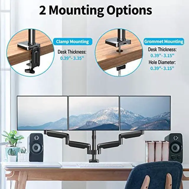 Alt view image 5 of 5 - MOUNTUP Triple Monitor Mount, 3 Monitor Stand Desk Arm for Max 32 Inch Computer Screens, Max Extension 64.5" Gas Spring Triple Monitor Holder Support 2.2-17.6lbs, VESA Bracket with Clamp/Grommet Base