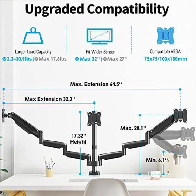 Alt view image 3 of 5 - MOUNTUP Triple Monitor Mount, 3 Monitor Stand Desk Arm for Max 32 Inch Computer Screens, Max Extension 64.5" Gas Spring Triple Monitor Holder Support 2.2-17.6lbs, VESA Bracket with Clamp/Grommet Base