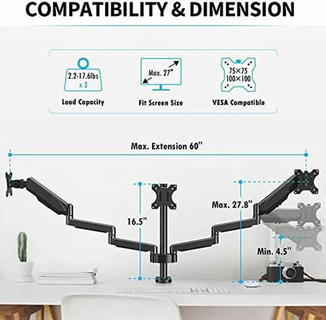 Alt view image 2 of 5 - MOUNTUP Triple Monitor Stand Mount - 3 Monitor Desk Mount for Computer Screens Up to 27 inch, Triple Monitor Arm with Gas Spring, Heavy Duty Monitor Stand, Each Arm Holds Up to 17.6 lbs