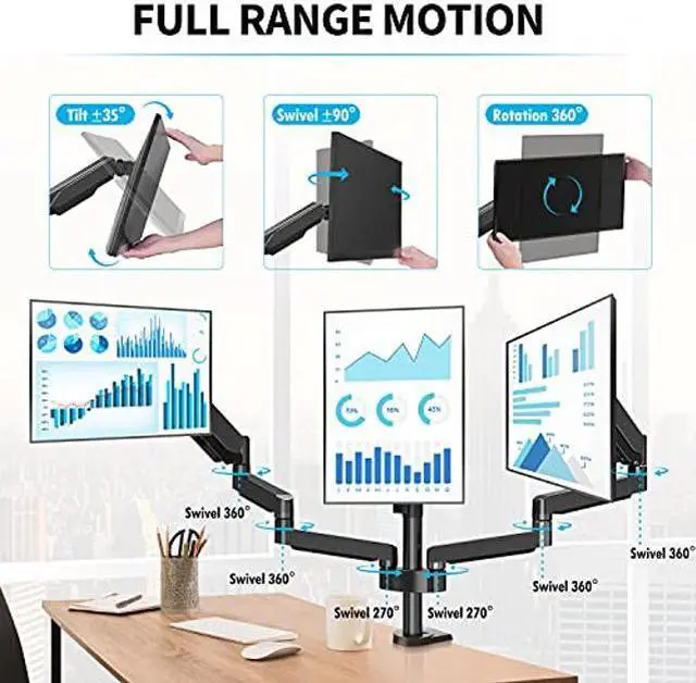 Alt view image 3 of 5 - MOUNTUP Triple Monitor Stand Mount - 3 Monitor Desk Mount for Computer Screens Up to 27 inch, Triple Monitor Arm with Gas Spring, Heavy Duty Monitor Stand, Each Arm Holds Up to 17.6 lbs