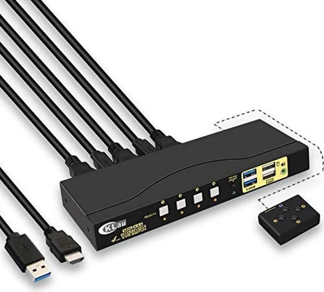 Main image of CKLau 4Kx2K@60Hz 4 Port USB 3.0 HDMI KVM Switch with Cables, 2 pcs USB 3.0 Hub and Audio Supports Wireless Keyboard Mouse