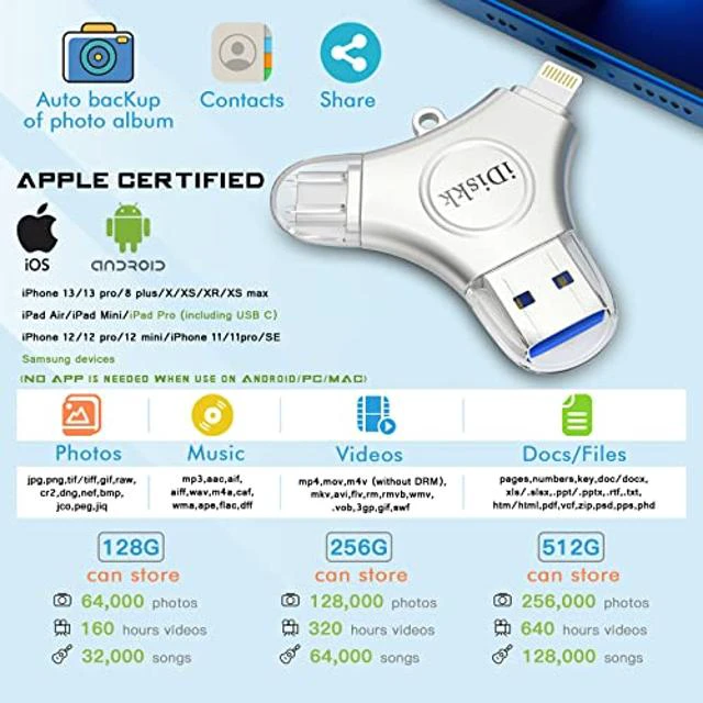 Alt view image 3 of 5 - iDiskk MFI Certified 256GB Photo Stick for iPhone USB C iPad Pro Android Samsung Flash Drive for iPhone 13/12 pro/12/12 pro/12 mini/11/11/Pro/XR/X/XS MAX,iPad pro Photo Storage Stick for PC,Mac,iMac