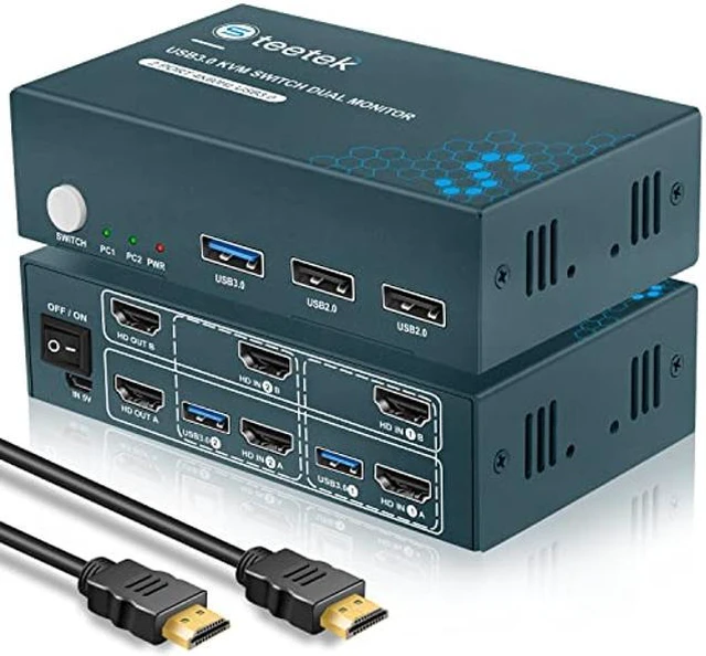 Main image of Steetek USB 3.0 Kvm Switch Dual Monitor HDMI 2 Port, Kvm Switch 4K@60Hz 2 Computers Share 2 Monitors and 1 Keyboard Mouse, HDMI Kvm Switch Dual Display, Button Switch with 2 USB 3.0 and 4 HDMI Cable