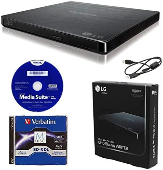 Main image of LG BP60NB10 Portable 6X Ultra HD 4K Blu-ray Burner External Drive with CyberLink Software, 50GB M-DISC BD-R DL, and USB Cable - Burns CD DVD BD DL BDXL Discs