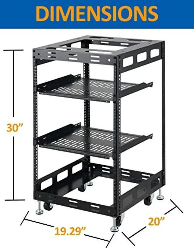 Alt view image 2 of 5 - Tedgetal 15U Open Frame Rack for Servers & AV Gear - Wall Mountable Design Includes 2X Vented Shelves, 4X Leveling Feet, 4X Casters