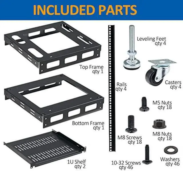 Alt view image 3 of 5 - Tedgetal 15U Open Frame Rack for Servers & AV Gear - Wall Mountable Design Includes 2X Vented Shelves, 4X Leveling Feet, 4X Casters