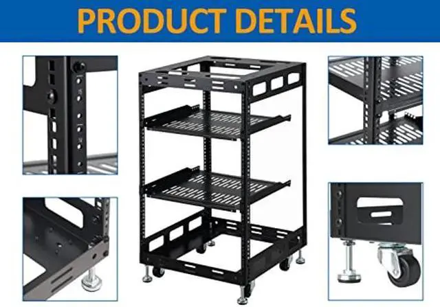 Alt view image 4 of 5 - Tedgetal 15U Open Frame Rack for Servers & AV Gear - Wall Mountable Design Includes 2X Vented Shelves, 4X Leveling Feet, 4X Casters