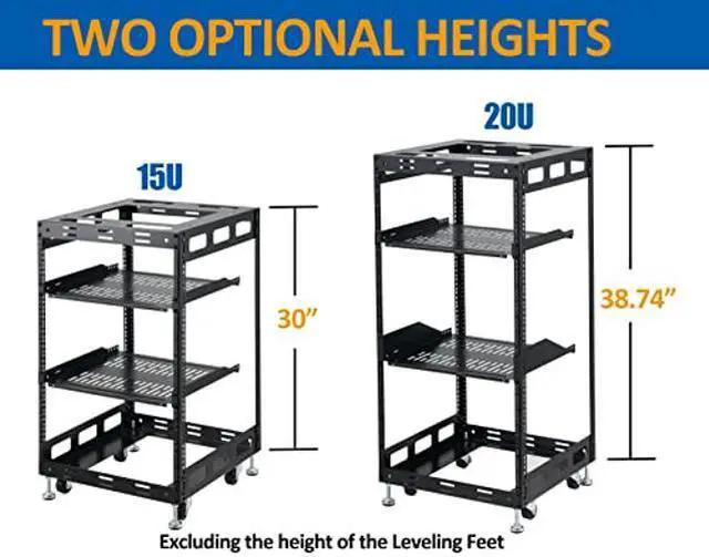 Alt view image 5 of 5 - Tedgetal 15U Open Frame Rack for Servers & AV Gear - Wall Mountable Design Includes 2X Vented Shelves, 4X Leveling Feet, 4X Casters