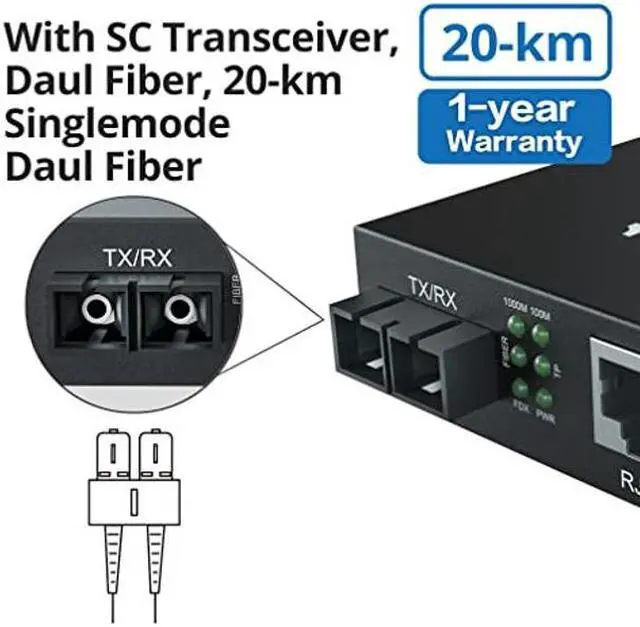 Alt view image 2 of 5 - Gigabit SingleMode Fiber to Ethernet Media Converter, Dual SC Fiber, 1000Base-LX to 10/100/1000Base-Tx Gigabit SMF Fiber SC to Copper RJ45 Ethernet Converter, UL Certified, up to 20km, Pack of 2
