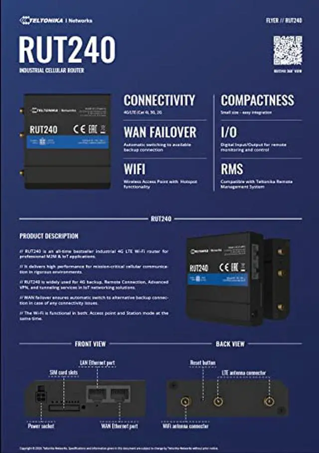 Alt view image 4 of 5 - Teltonika RUT240 4G /LTE & WiFi Cellular Router with Ethernet and I/O - Verizon - RUT24002U000