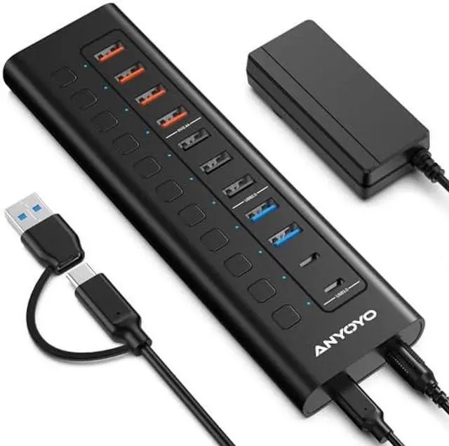 Main image of Powered USB Hub, ANYOYO 11-Port 48W USB 3.0 Splitter (5 USB-A Ports+2 2.4A Charging Ports+2 USB-C 3.0 Ports), Wall Mounting Design, Individual On/Off Switches, 12V/4A Power Adapter for Laptop, PC