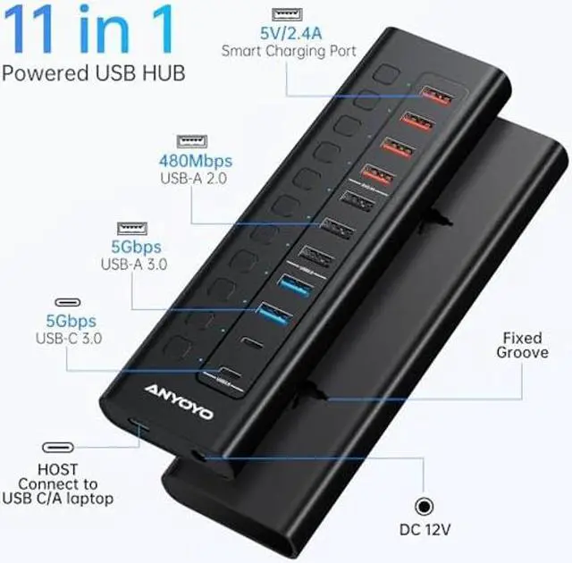 Alt view image 2 of 5 - Powered USB Hub, ANYOYO 11-Port 48W USB 3.0 Splitter (5 USB-A Ports+2 2.4A Charging Ports+2 USB-C 3.0 Ports), Wall Mounting Design, Individual On/Off Switches, 12V/4A Power Adapter for Laptop, PC