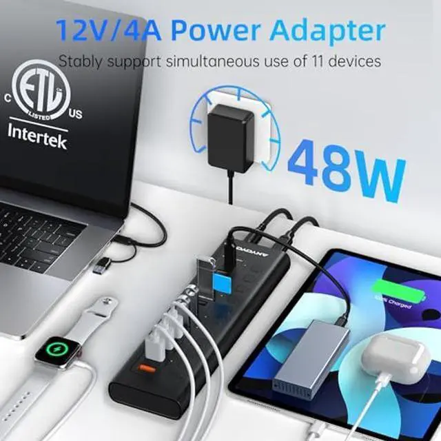 Alt view image 3 of 5 - Powered USB Hub, ANYOYO 11-Port 48W USB 3.0 Splitter (5 USB-A Ports+2 2.4A Charging Ports+2 USB-C 3.0 Ports), Wall Mounting Design, Individual On/Off Switches, 12V/4A Power Adapter for Laptop, PC