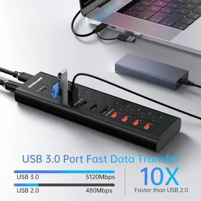 Alt view image 4 of 5 - Powered USB Hub, ANYOYO 11-Port 48W USB 3.0 Splitter (5 USB-A Ports+2 2.4A Charging Ports+2 USB-C 3.0 Ports), Wall Mounting Design, Individual On/Off Switches, 12V/4A Power Adapter for Laptop, PC