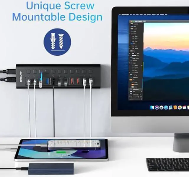 Alt view image 5 of 5 - Powered USB Hub, ANYOYO 11-Port 48W USB 3.0 Splitter (5 USB-A Ports+2 2.4A Charging Ports+2 USB-C 3.0 Ports), Wall Mounting Design, Individual On/Off Switches, 12V/4A Power Adapter for Laptop, PC