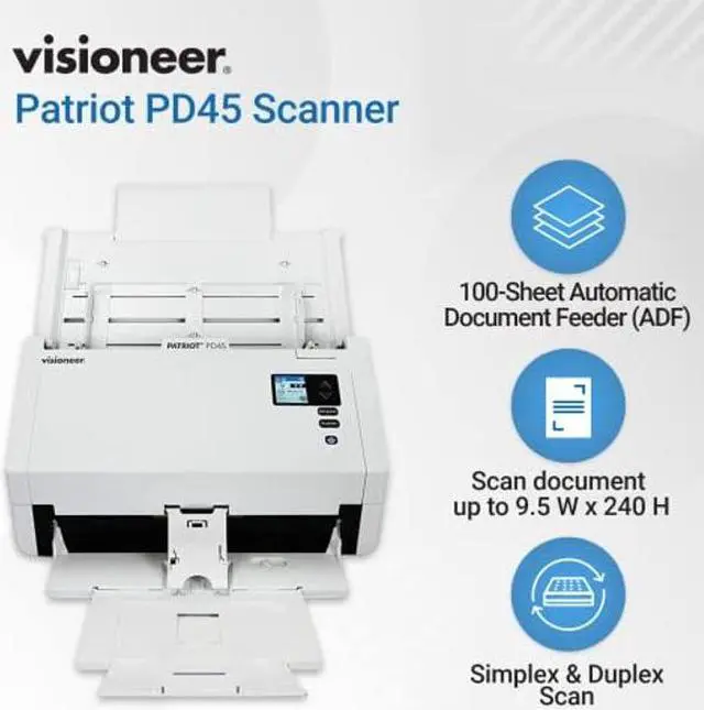 Alt view image 2 of 5 - Visioneer Patriot PD45 Scanner, USB Duplex Office Document Scanner for PC, 50 PPM, Sheetfed 100 Page Automatic Document Feeder (ADF), White