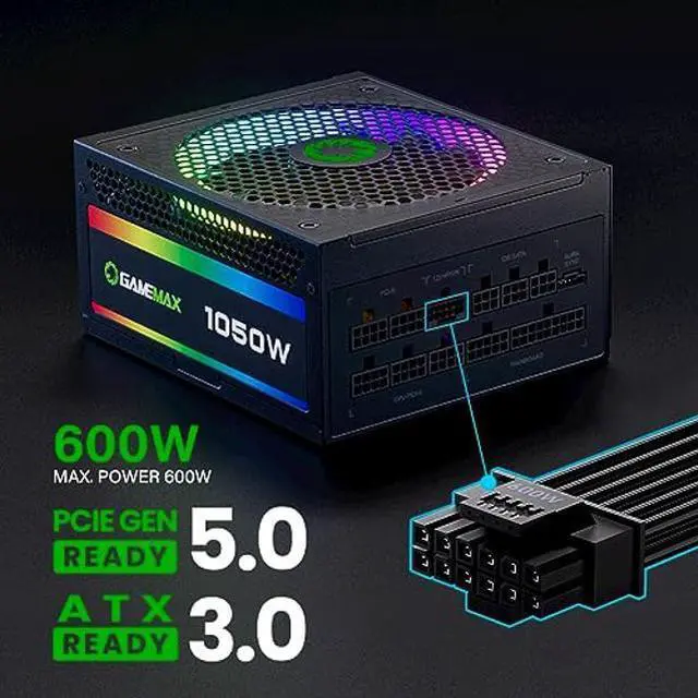 Alt view image 5 of 5 - GAMEMAX 1050W ATX 3.0 & PCIE 5.0 Power Supply, 80+ Gold Certified, Addressable RGB with 5V Motherboard Sync, Fully Modular ATX Gaming Power Supply, 10 Year Warranty, RGB-1050