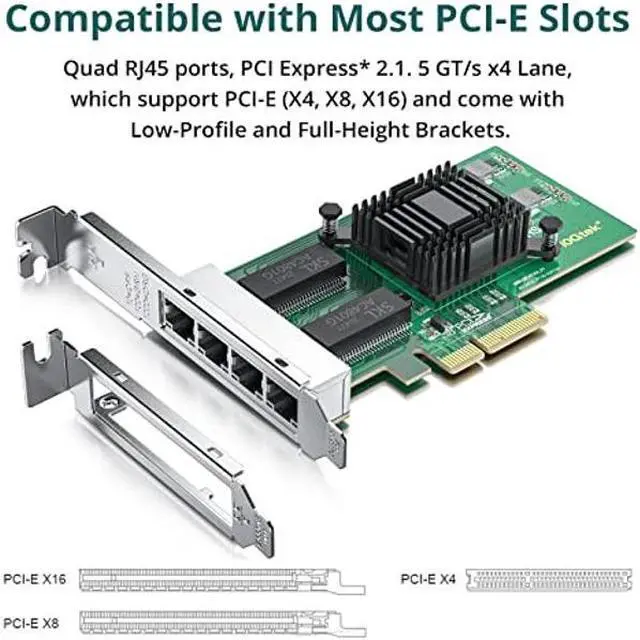 Alt view image 3 of 5 - 4 Port Gigabit NIC for Intel I350-T4 with Low Profile, Gigabit Ethernet Network Adapter Card with Intel I350-AM4 Controller, Support Windows/XP/Linux/VMware ESX/ESXi*, Quad RJ45 Ports, PCI-E 2.1 X4