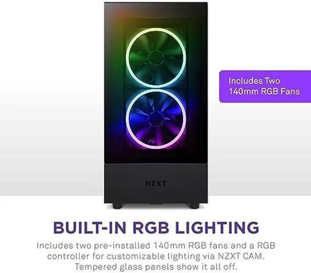 Alt view image 3 of 5 - NZXT H5 Elite Compact ATX Mid-Tower PC Gaming Case - Built-in RGB Lighting - Tempered Glass Front and Side Panels - Cable Management - 2 x 140mm RGB Fans Included - 280mm Radiator Support - Black