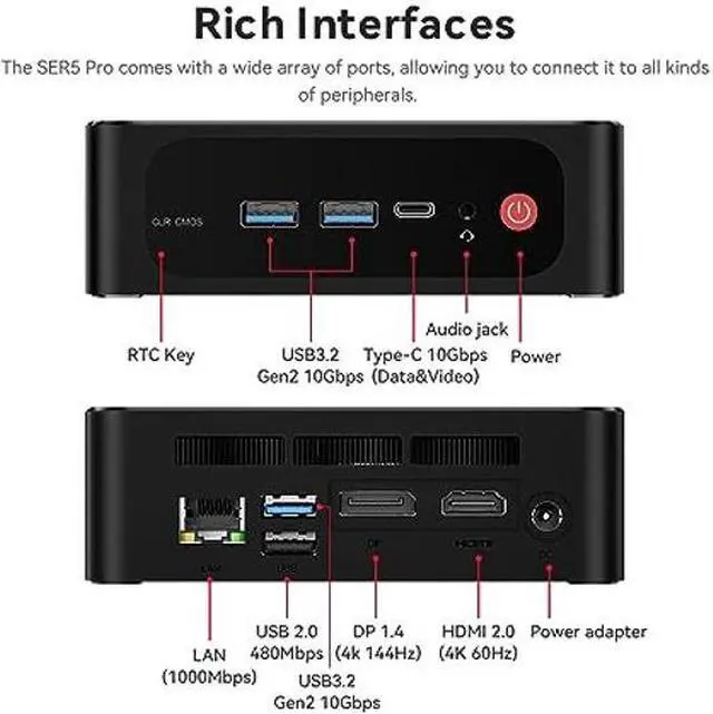 Alt view image 4 of 5 - Beelink SER5 PRO Mini PC, Mini Desktop Computer with AMD Ryzen 7 5700U(8C/16T, Max 4.3GHz), 16G SO-DIMM DDR4 + 500G M.2 2280 PCIe 3.0X4 SSD, WiFi 6, BT 5.2, 1000Mbps, Triple Screen Display