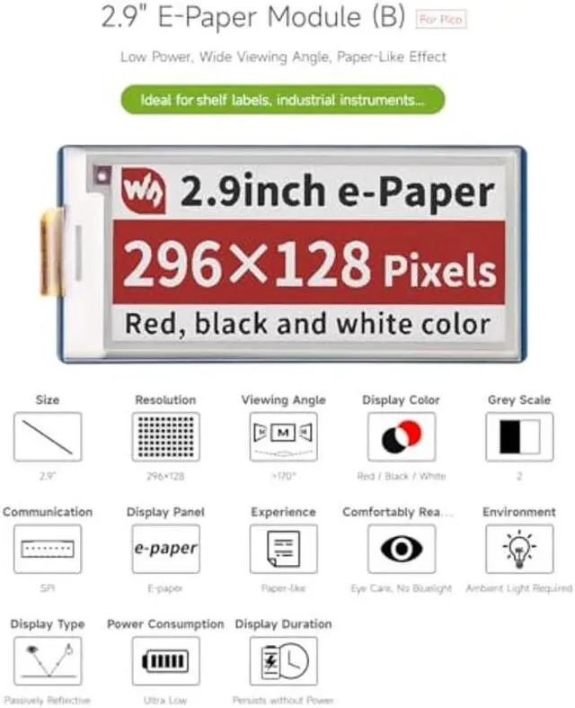 Alt view image 3 of 5 - Waveshare 2.9inch E-Paper E-Ink Display Module (B) for Raspberry Pi Pico 296x128 Pixels Red/Black/White
