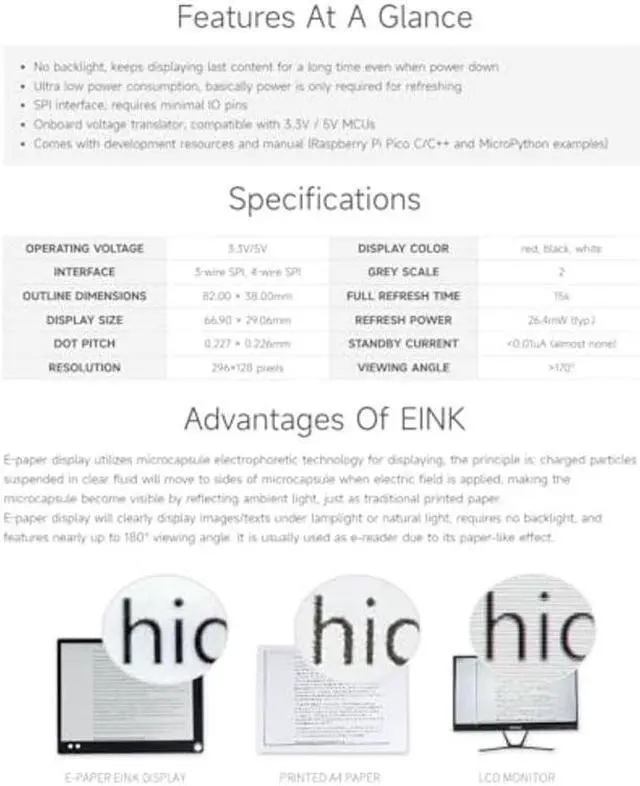 Alt view image 4 of 5 - Waveshare 2.9inch E-Paper E-Ink Display Module (B) for Raspberry Pi Pico 296x128 Pixels Red/Black/White