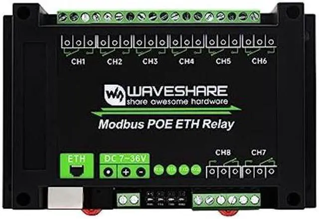 Main image of Waveshare 8-Ch Ethernet Relay Module, Modbus RTU/Modbus TCP Protocol, PoE Port Communication, with Various Isolation and Protection Circuits, Industrial Grade Rail-Mount Case