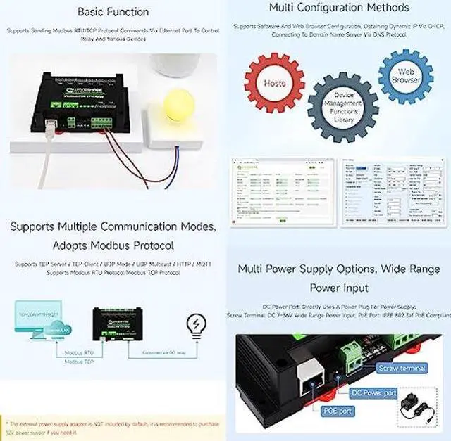 Alt view image 4 of 5 - Waveshare 8-Ch Ethernet Relay Module, Modbus RTU/Modbus TCP Protocol, PoE Port Communication, with Various Isolation and Protection Circuits, Industrial Grade Rail-Mount Case