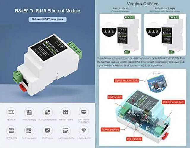 Alt view image 2 of 5 - Waveshare Industrial Serial Server RS485 to RJ45 Ethernet TCP/IP to Serial Module Support Rail-Mount Modbus Gateway