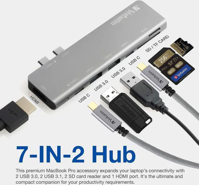 Alt view image 3 of 5 - Verbatim USB C Hub for MacBook Pro - USB-C Hub with 100W Thunderbolt PD, USB 3.0 Ports, SD Card Readers, HDMI, Compact, Portable