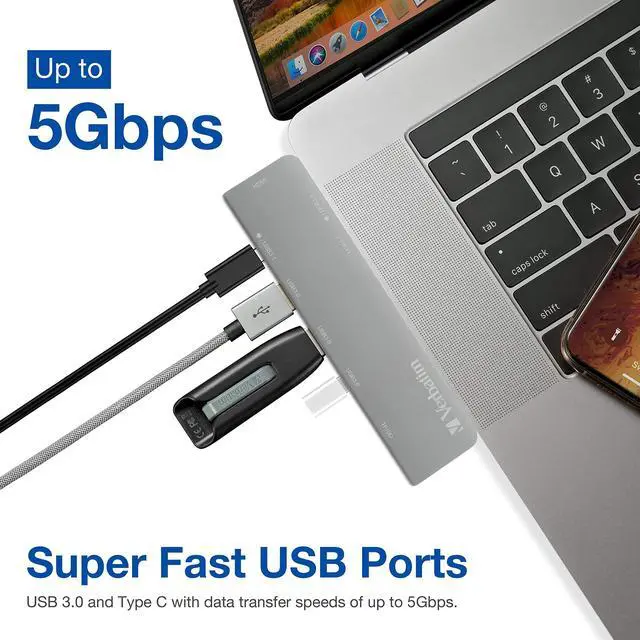 Alt view image 5 of 5 - Verbatim USB C Hub for MacBook Pro - USB-C Hub with 100W Thunderbolt PD, USB 3.0 Ports, SD Card Readers, HDMI, Compact, Portable
