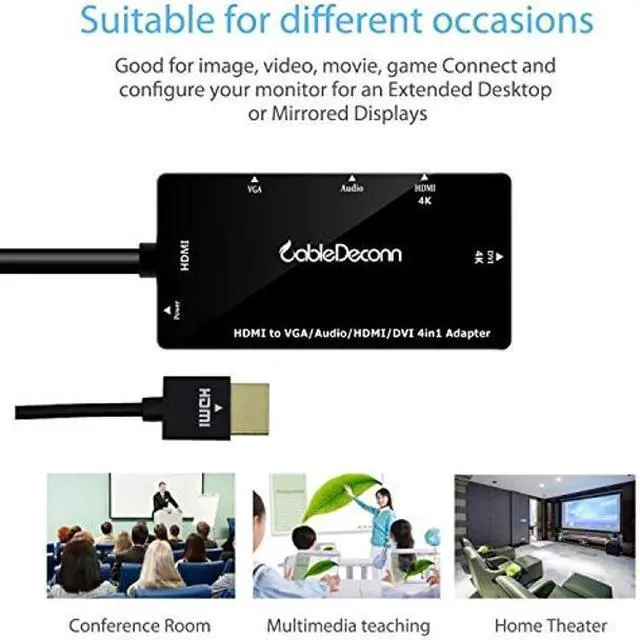 Alt view image 3 of 5 - CableDeconn Multiport 4-in-1 HDMI to HDMI DVI 4K VGA Adapter Cable with Audio Output Adapter Converter (Black)