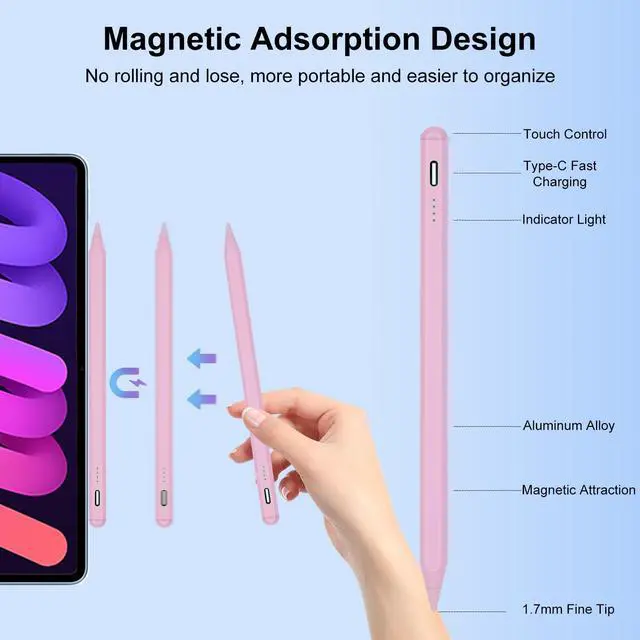 Alt view image 4 of 5 - Stylus Pen for iPad 9th&10th Generation, Apple Pencil 2nd Generation, Apple Pen iPad Pencil Compatible with iPad Pro 11&12.9", iPad Air 5th/4/3rd Gen, iPad 6/7/8th Gen, iPad Mini 5/6th Gen (Pink)