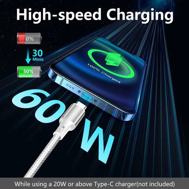Alt view image 2 of 5 - cugunu USB C to USB C Charger Cable, Nylon Braided 3Pack 60W 10FT Type C Fast Charging Cord Compatible for iPhone 15 16 /Pro/Pro Max/Plus, iPad Pro, Air5, MacBook, Samsung, Google - Silver