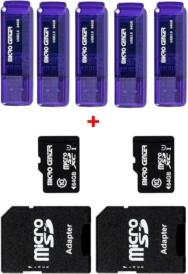 Main image of INLAND Micro Center SuperSpeed 5 Pack 64GB USB 3.0 Flash Drive+2 Pack 64GB Class 10 MicroSDXC Flash Memory Card