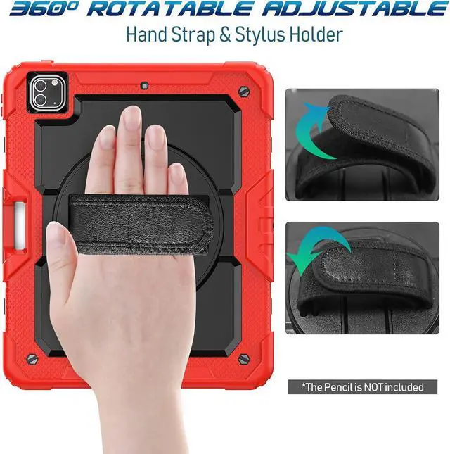 Alt view image 3 of 5 - Timecity Protective Case for iPad Pro 12.9 inch 6th/ 5th/ 4th/ 3rd Generation, with Strong Protection, Screen Protector, Hand/Shoulder Strap, Rotating Stand, Pencil Holder - Red