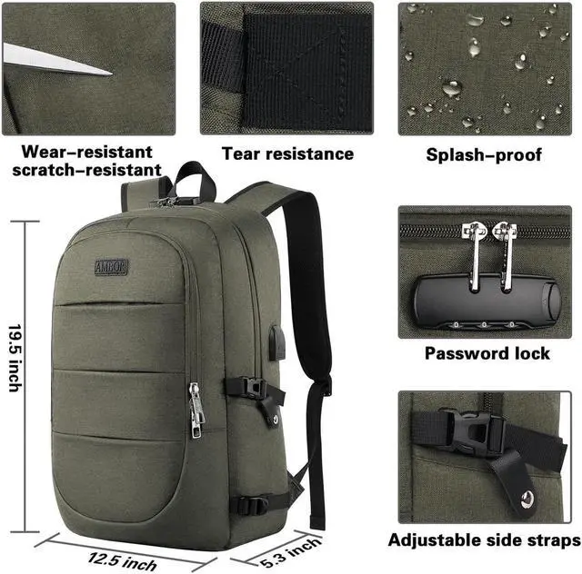 Alt view image 4 of 5 - AMBOR Anti Theft Backpack, 15.6-17.3 inch Business Laptop Carry on Backpack with USB Charging Port and Headphone Interface, Travel Backpack for Men & Women
