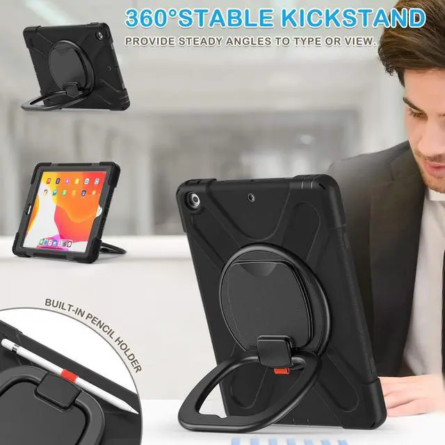 Alt view image 3 of 5 - BATYUE iPad 9th/ 8th/ 7th Generation Case (iPad 10.2 inch Rugged Case 2021/2020/2019) with Screen Protector, Rotating Stand/Pencil Holder/Carrying Shoulder Strap (Black)