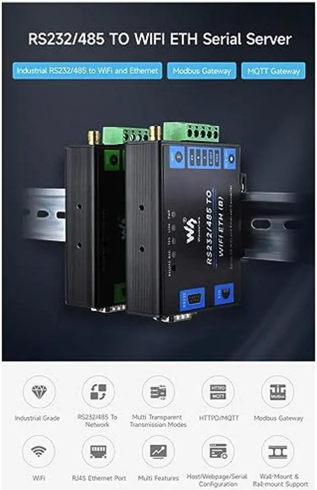 Alt view image 4 of 5 - Coolwell Industrial Grade RS232/485 to WiFi POE Ethernet Serial Server 6t Modbus Gateway MQTT Gateway Metal Case