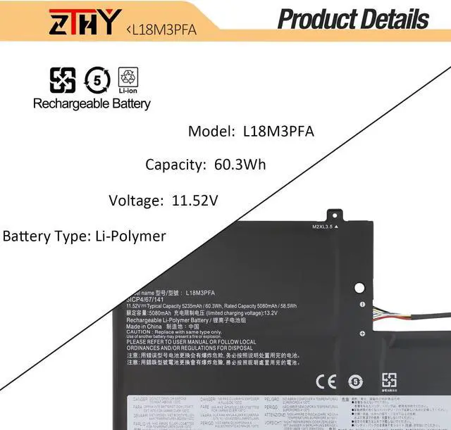 Alt view image 3 of 5 - ZTHY L18M3PFA L18D3PF2 Laptop Battery Compatible with Lenovo Yoga C740-15IML C740-15IML-81TD Series Notebook 5B10T83740 5B10W67402 5B10T83739 5B10W67258 11.52V 60.3Wh 5235mAh