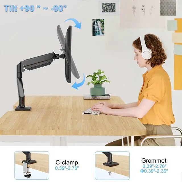 Alt view image 3 of 5 - ErgoFocus Single Monitor Mount Arm Fits Monitor up to 32 Inch, Monitor Desk Mount Holds 4.4-19.8lbs Computer Screen, Full Motion Gas Spring Monitor Desk Mount, VESA Mount 75x75, 100x100