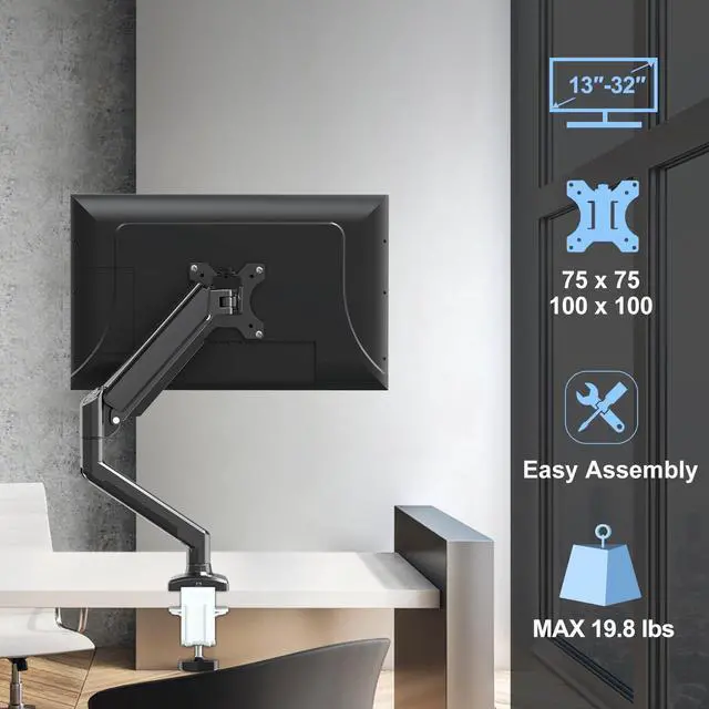 Alt view image 4 of 5 - ErgoFocus Single Monitor Mount Arm Fits Monitor up to 32 Inch, Monitor Desk Mount Holds 4.4-19.8lbs Computer Screen, Full Motion Gas Spring Monitor Desk Mount, VESA Mount 75x75, 100x100
