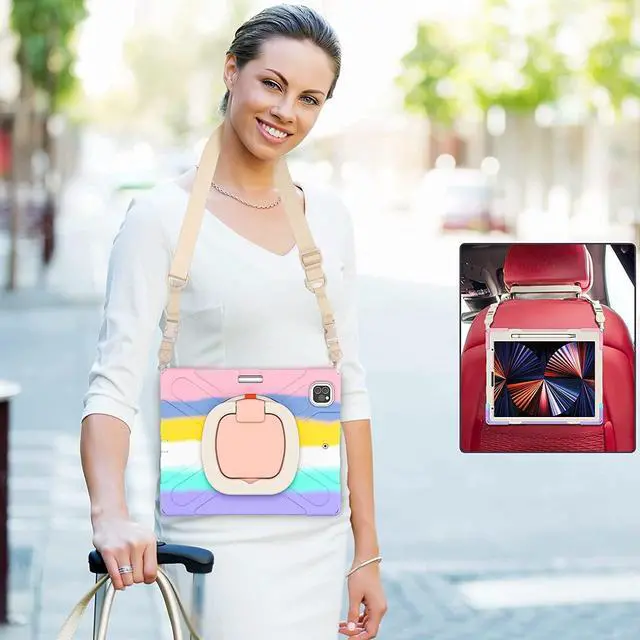 Alt view image 4 of 5 - PboyiqiS for iPad Air 13 2025(M3)/2024(M2) Case,Heavy Sturdy Shockproof Kids Case,Rotating Stand/Pencil Holder/Carrying Strap,Aslo for iPad Pro 12.9 inch (Colourful Pink)