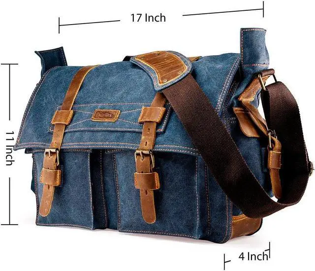 Alt view image 2 of 5 - Messenger Bag for 17 Inch Laptop Vintage Canvas Leather Shoulder Crossbody Satchel Shoulder Computer College Bag Travel Office Messenger Bag for Men Women - Blue