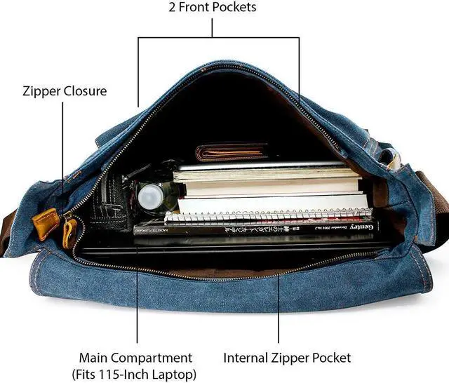 Alt view image 3 of 5 - Messenger Bag for 17 Inch Laptop Vintage Canvas Leather Shoulder Crossbody Satchel Shoulder Computer College Bag Travel Office Messenger Bag for Men Women - Blue