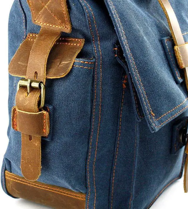 Alt view image 5 of 5 - Messenger Bag for 17 Inch Laptop Vintage Canvas Leather Shoulder Crossbody Satchel Shoulder Computer College Bag Travel Office Messenger Bag for Men Women - Blue