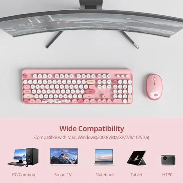 Alt view image 3 of 5 - GTSP Pink Typewriter Keyboard Wireless Mouse Combo, Cute Keyboard 2.4G Office Full-Sized Retro Keyboard with Round Keycaps for Laptop PC Desktops(Pink)