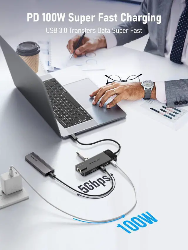 Alt view image 3 of 5 - Lemorele USB C Hub Multiport Adapter 10-in-1 USB C Dongle for MacBook Pro Air, Gigabit Ethernet with 4K HDMI, 100W PD, USB 3.0 5Gbps Port, SD/TF Card Reader Adapter, Compatible for Windows/Mac/iPad