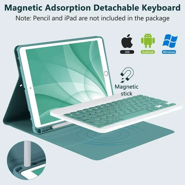 Alt view image 3 of 5 - Keyboard Case for iPad 10.2" 9th 8th Generation, with Detachable Bluetooth Keyboard and Pencil Holder, for iPad 10.2 Inch/iPad Air 10.5"(3rd Gen)/iPad Pro 10.5 in, Auto Sleep/Wake Function- Deep Green